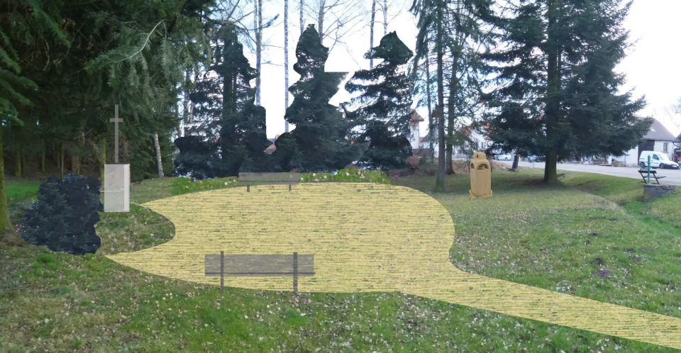 Revitalizace návsi obce Drachkov – jižní část u potoka s novým umístěním restaurovaného kříže a sochařského objektu – kamenného krmítka pro ptáky